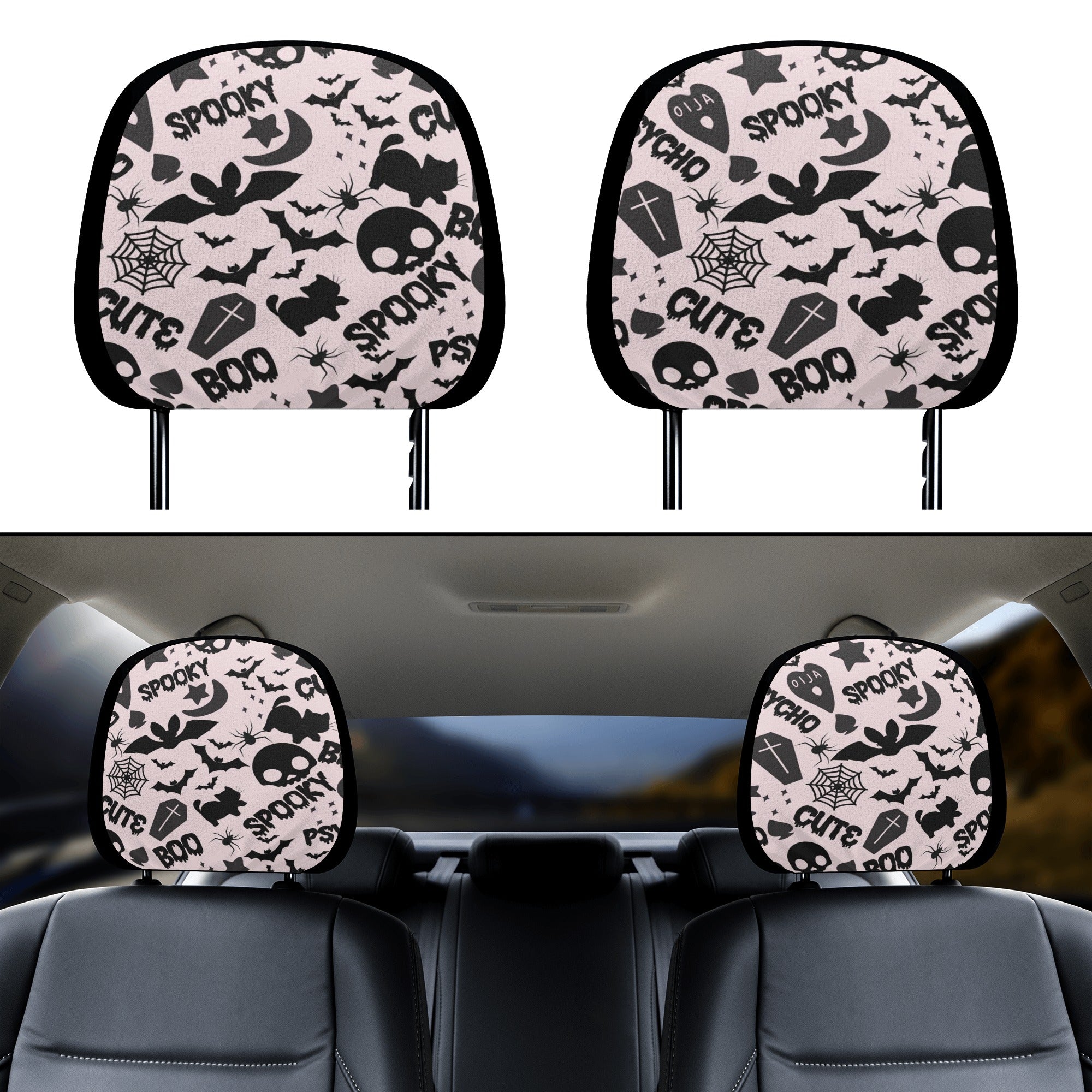 Headrest Cover for Cars | Universal fit | Trendy Designs on Auto Headrest slipcover - Halloween Spooky Boo