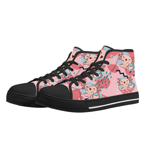 High Top Canvas Sneakers | Printed Tongue | Pink Cute Axolotl Shoes | Cute Hi Tops