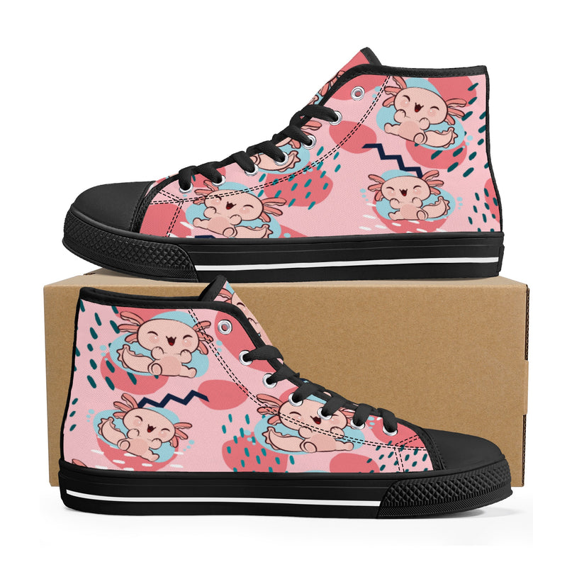 High Top Canvas Sneakers | Printed Tongue | Pink Cute Axolotl Shoes | Cute Hi Tops