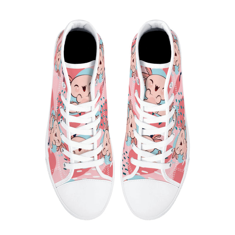 High Top Canvas Sneakers | Printed Tongue | Pink Cute Axolotl Shoes | Cute Hi Tops