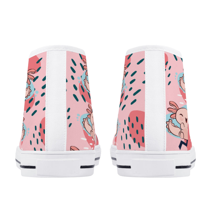 High Top Canvas Sneakers | Printed Tongue | Pink Cute Axolotl Shoes | Cute Hi Tops