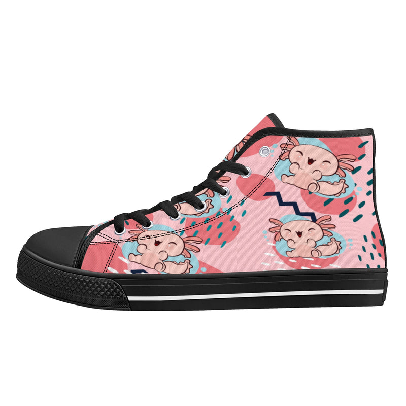 High Top Canvas Sneakers | Printed Tongue | Pink Cute Axolotl Shoes | Cute Hi Tops