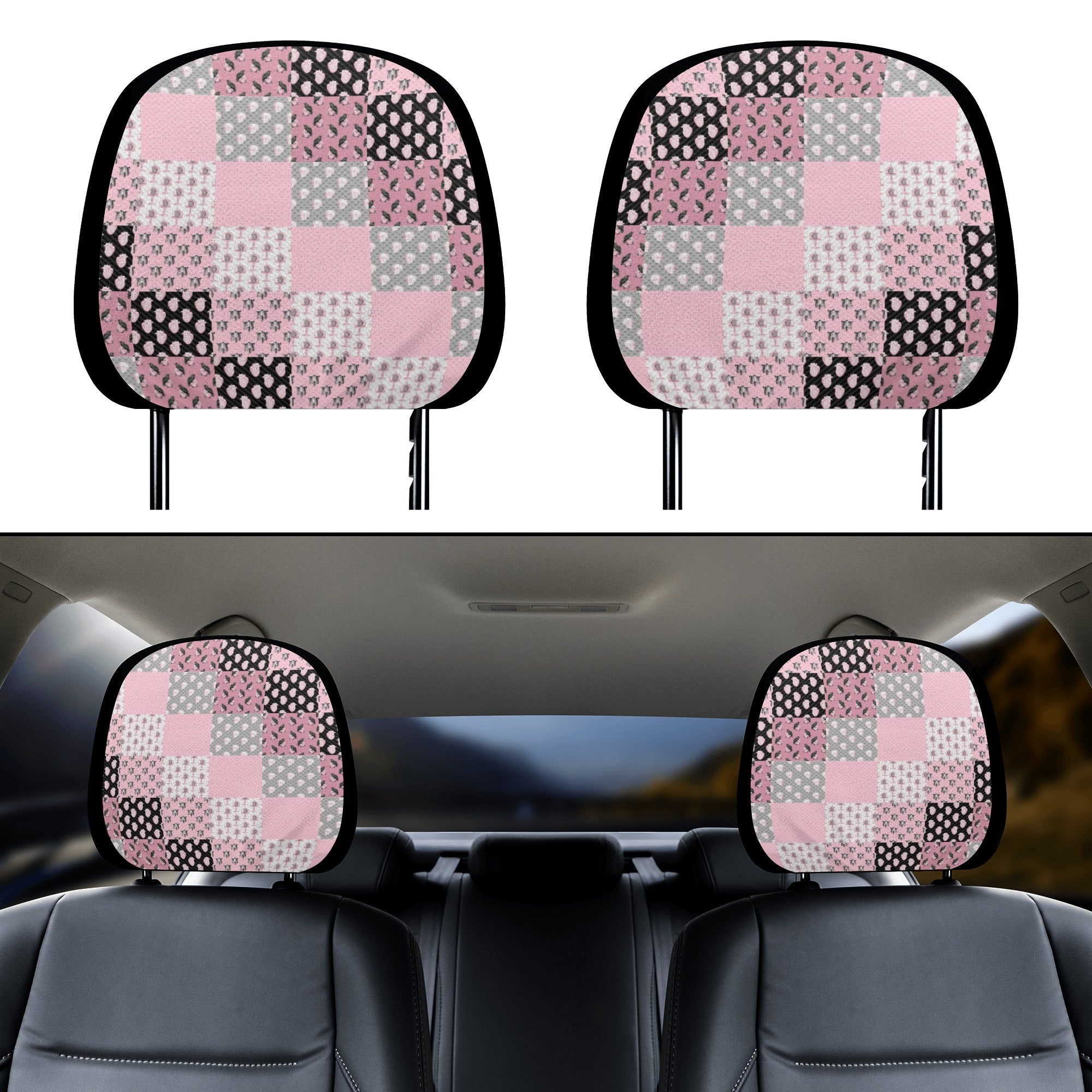 Headrest Cover for Cars | Universal fit | Trendy Designs on Auto Headrest slipcover - Pastel Goth Checkered