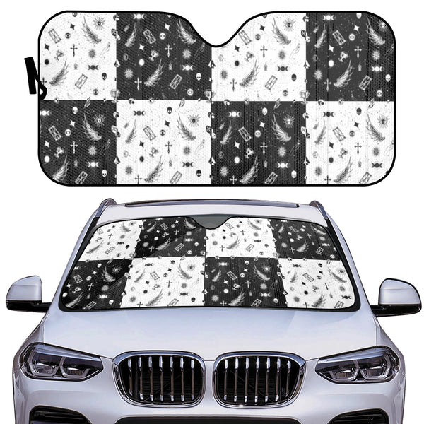 Car Decor | Pastel Goth Auto Sun Shade | Vehicle Windshield | Halloween Car Interiors | Monochrome Checkered