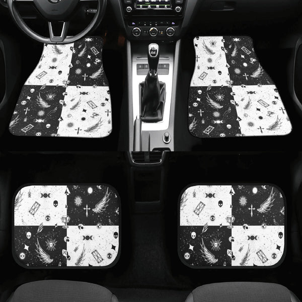 Car Floor Mats | Set of 4 | Universal size | All Weather proof | Affordable | Washable- Monochrome Checkered