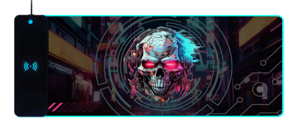 Wireless Charging Mouse Pad with RGB lighting-Waterproof-Oversized-Printed-Cyber Skull 1