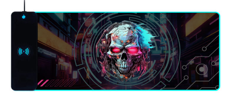 Wireless Charging Mouse Pad with RGB lighting-Waterproof-Oversized-Printed-Cyber Skull 1