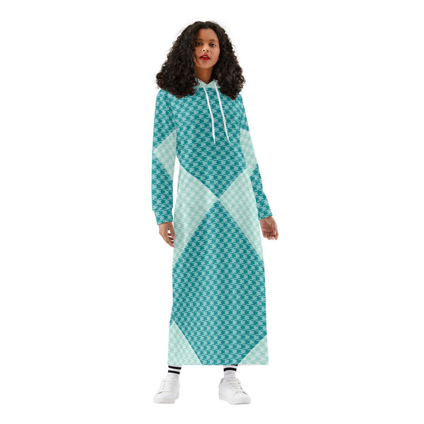 Winter Loungewear | Maxi Dress | Hooded Sweatshirt with Pockets | Plus-Petite Size | Houndstooth Blue dress