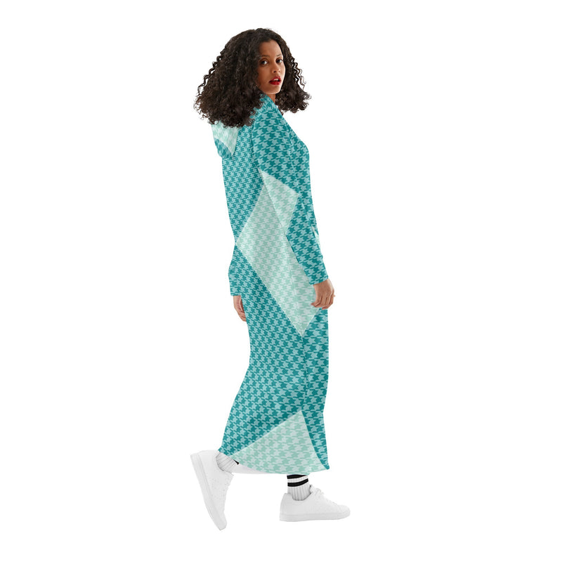 Winter Loungewear | Maxi Dress | Hooded Sweatshirt with Pockets | Plus-Petite Size | Houndstooth Blue dress