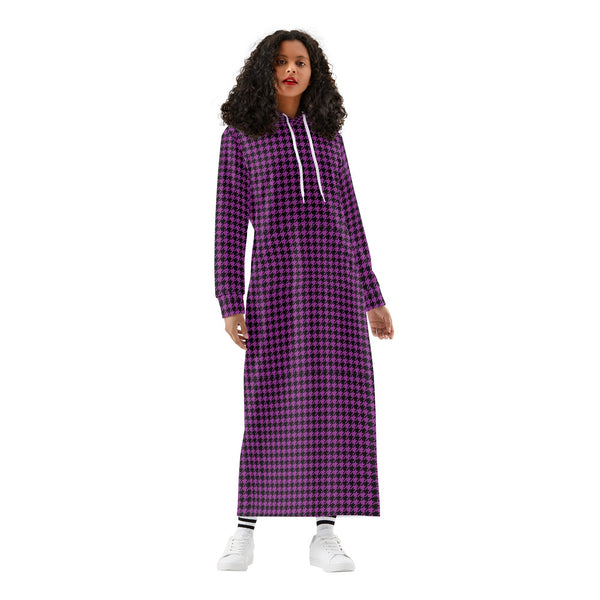 Winter Loungewear | Maxi Dress | Hooded Sweatshirt with Pockets | Plus-Petite Size | Houndstooth Purple dress