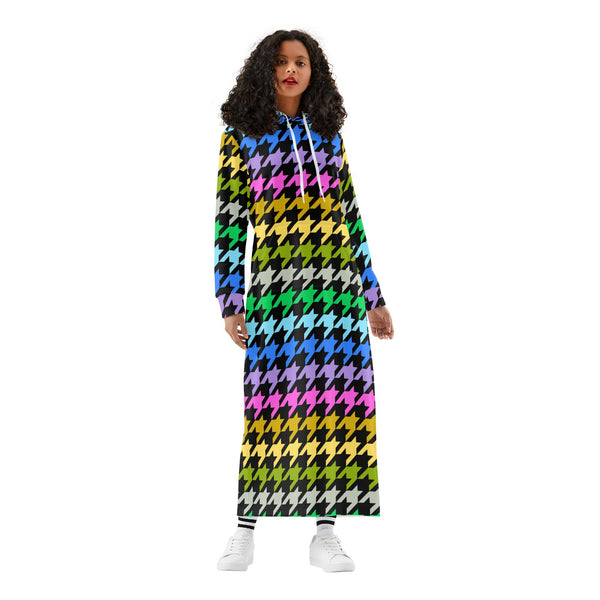 Winter Loungewear | Maxi Dress | Hooded Sweatshirt with Pockets | Plus-Petite Size | Houndstooth Multicolor Gradient dress