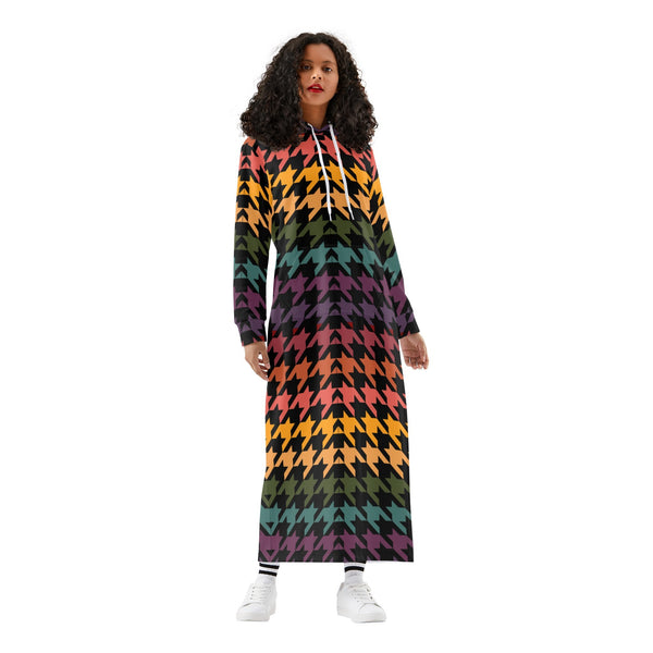 Winter Loungewear | Maxi Dress | Hooded Sweatshirt with Pockets | Plus-Petite Size | Houndstooth Halloween Gradient dress