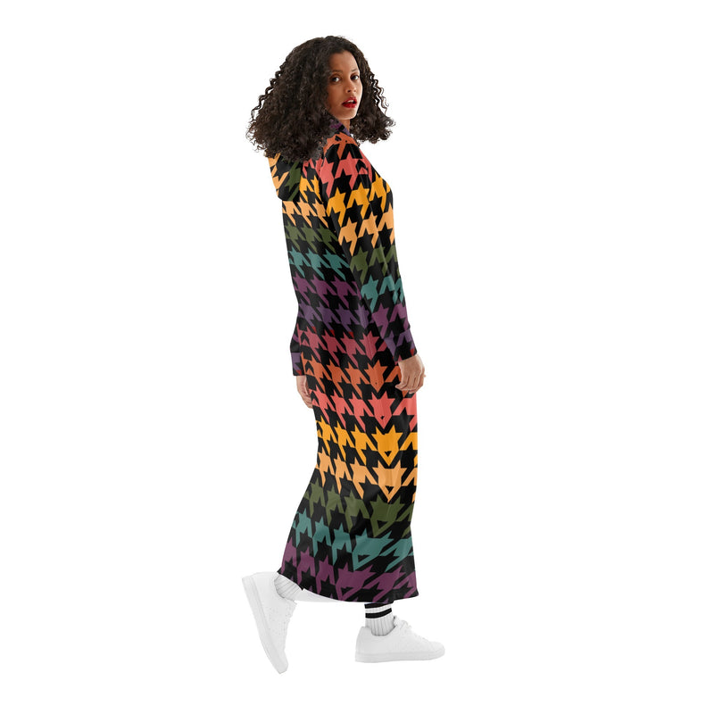 Winter Loungewear | Maxi Dress | Hooded Sweatshirt with Pockets | Plus-Petite Size | Houndstooth Halloween Gradient dress