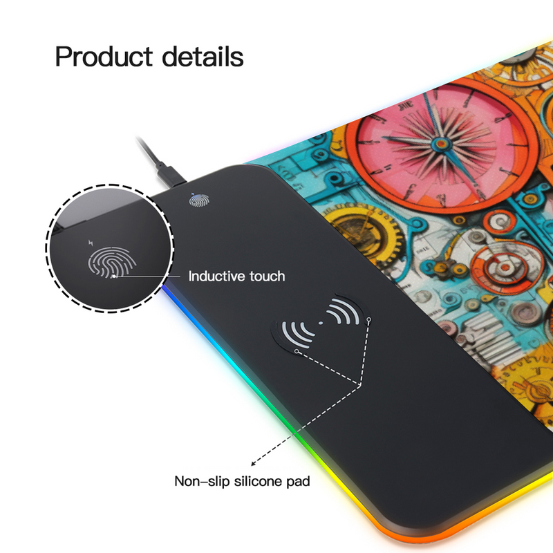 Wireless Charging Mouse Pad with RGB lighting-Waterproof-Oversized-Printed-Cyber Mechanics