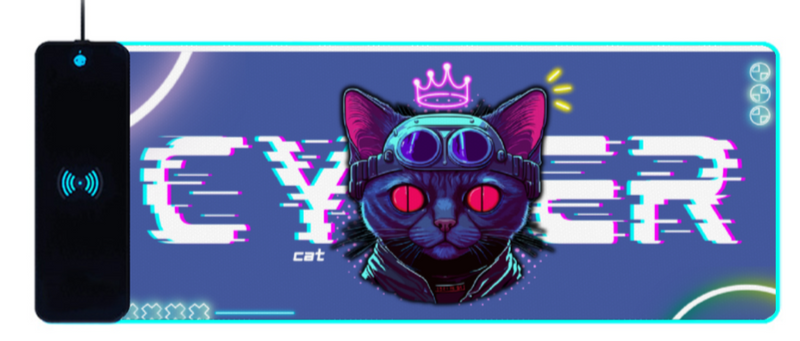 Wireless Charging Mouse Pad with RGB lighting-Waterproof-Oversized-Printed-Cyber Cat