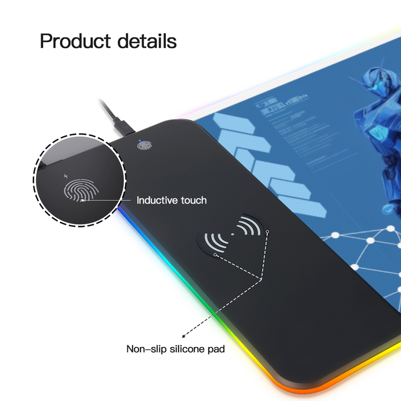 Wireless Charging Mouse Pad with RGB lighting-Waterproof-Oversized-Printed- Cyber Blueprint Mecha