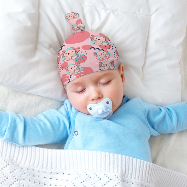 Cozy Polar Fleece Top Knot Baby Beanie; Pink Axolotls