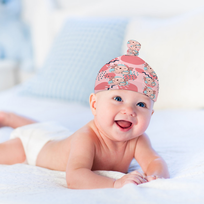 Cozy Polar Fleece Top Knot Baby Beanie; Pink Axolotls