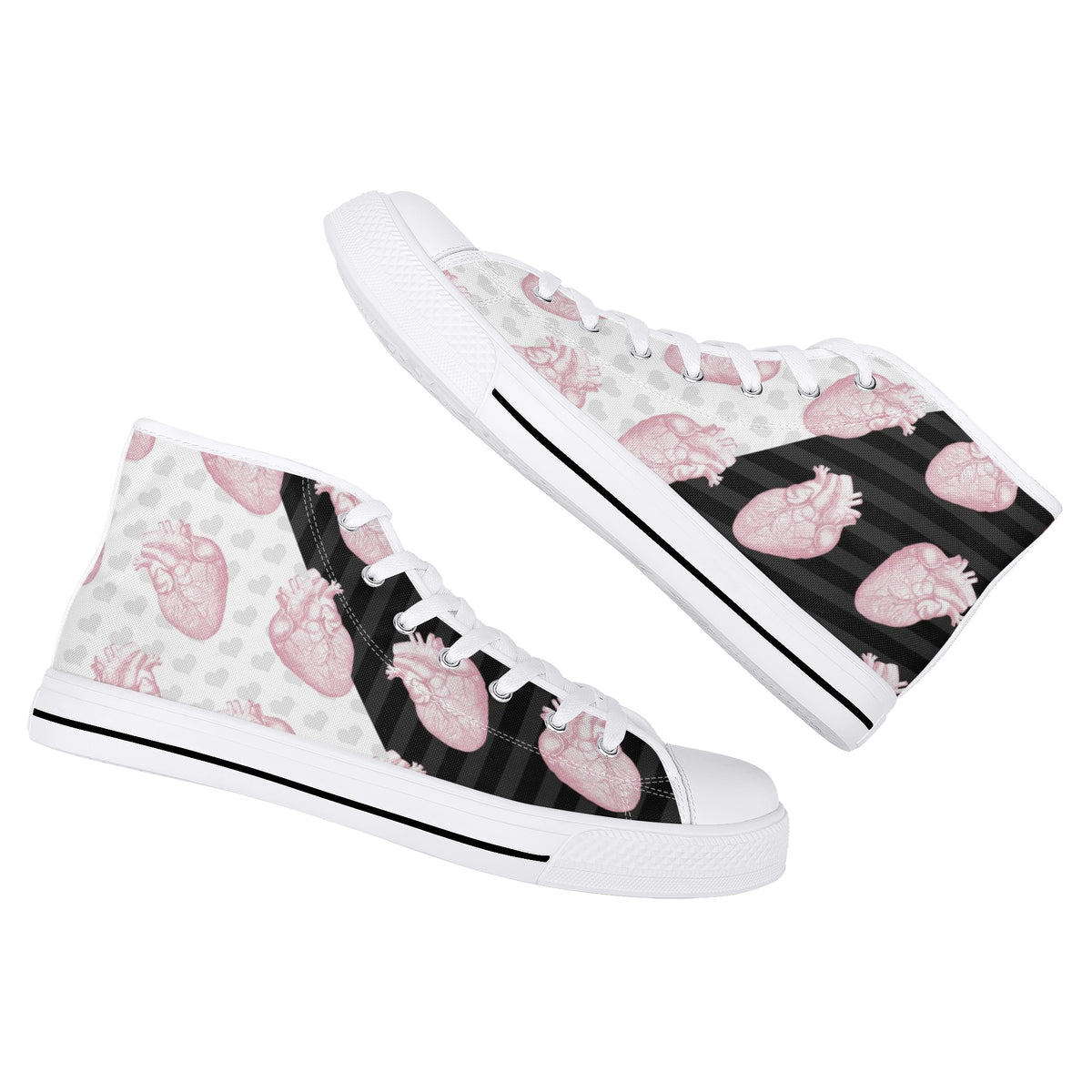white soles of Pastel goth Halloween high-top shoes with skull and spooky heart desig